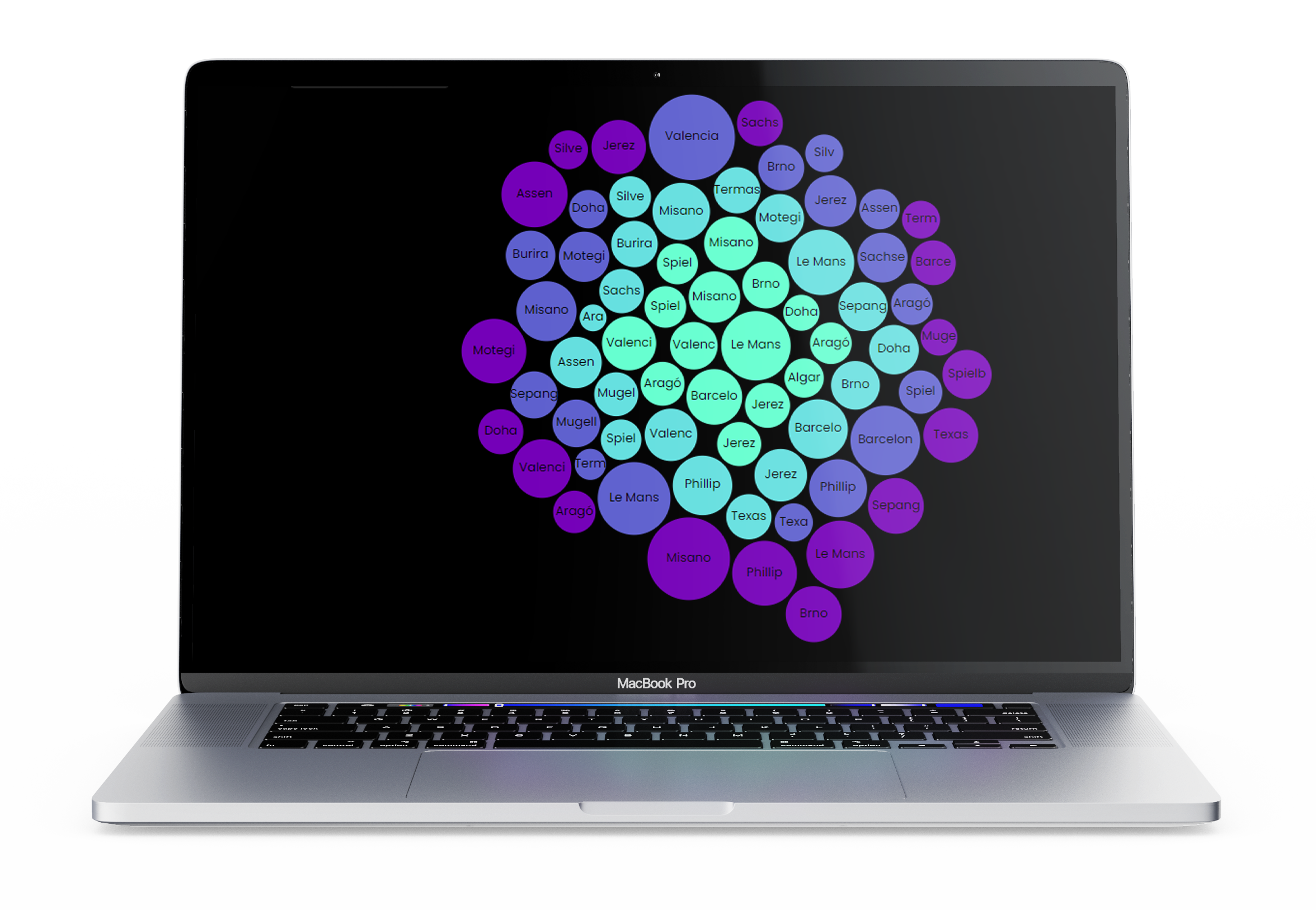 MacBook Pro with black Website on screen showing a Bubble Chart in bright purple and turquise shades