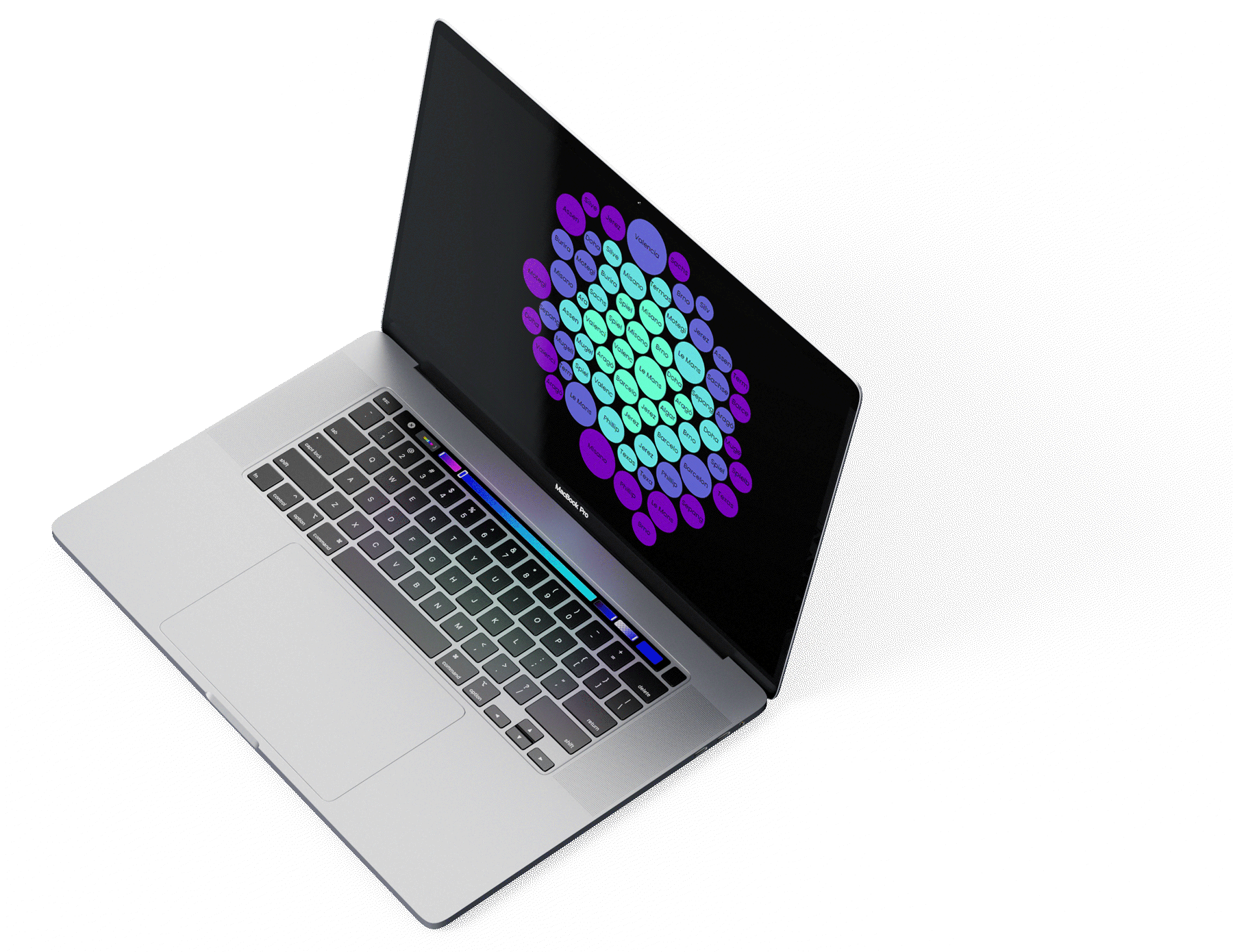 MacBook Pro with black Website on screen showing a Bubble Chart in bright purple and turquise shades