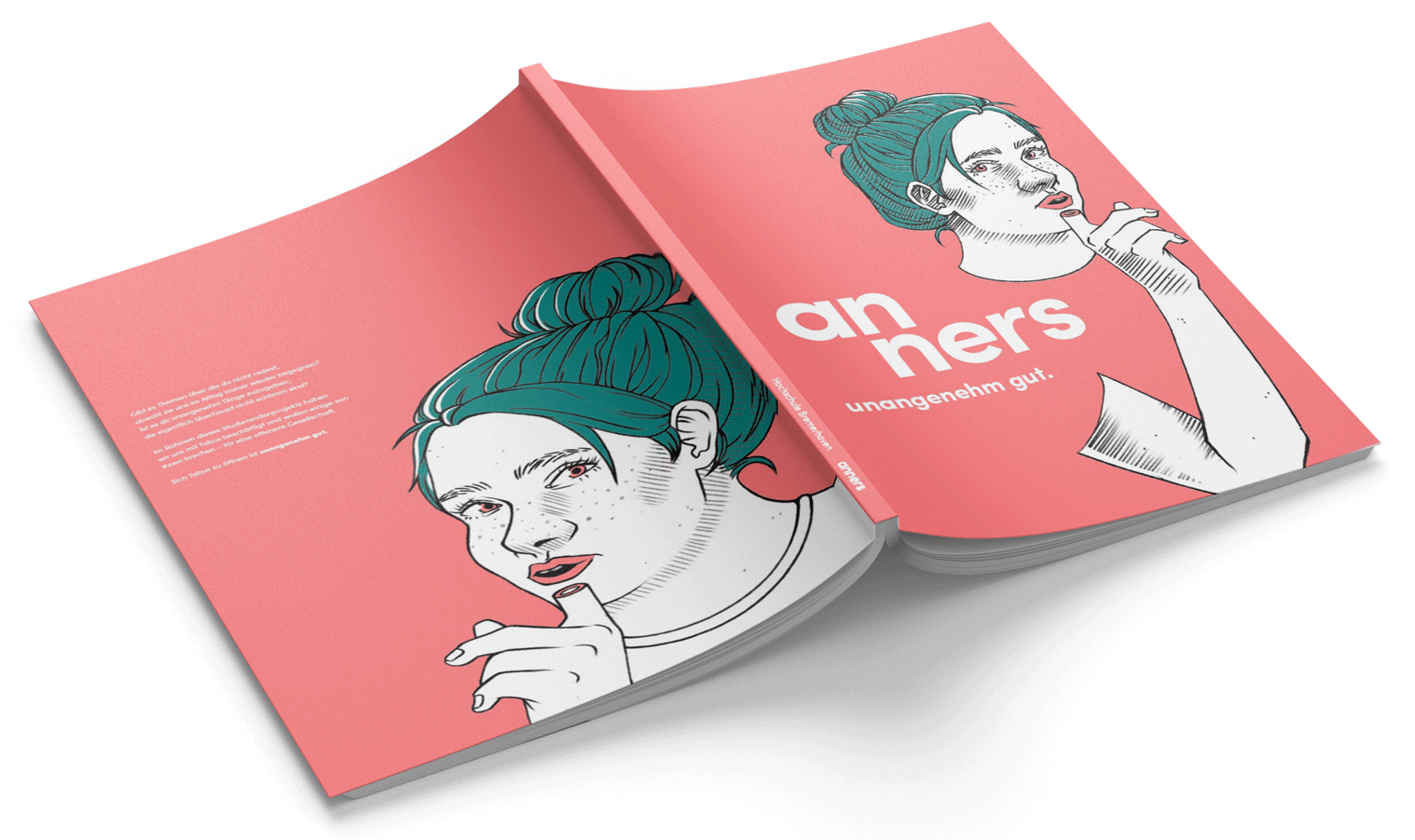 Bright red-orange colored magazine 'anners - unangenehm gut' with an illustrated woman with teal colored hair on the cover page who's trying to shush someone by putting her index finger infront of her mouth