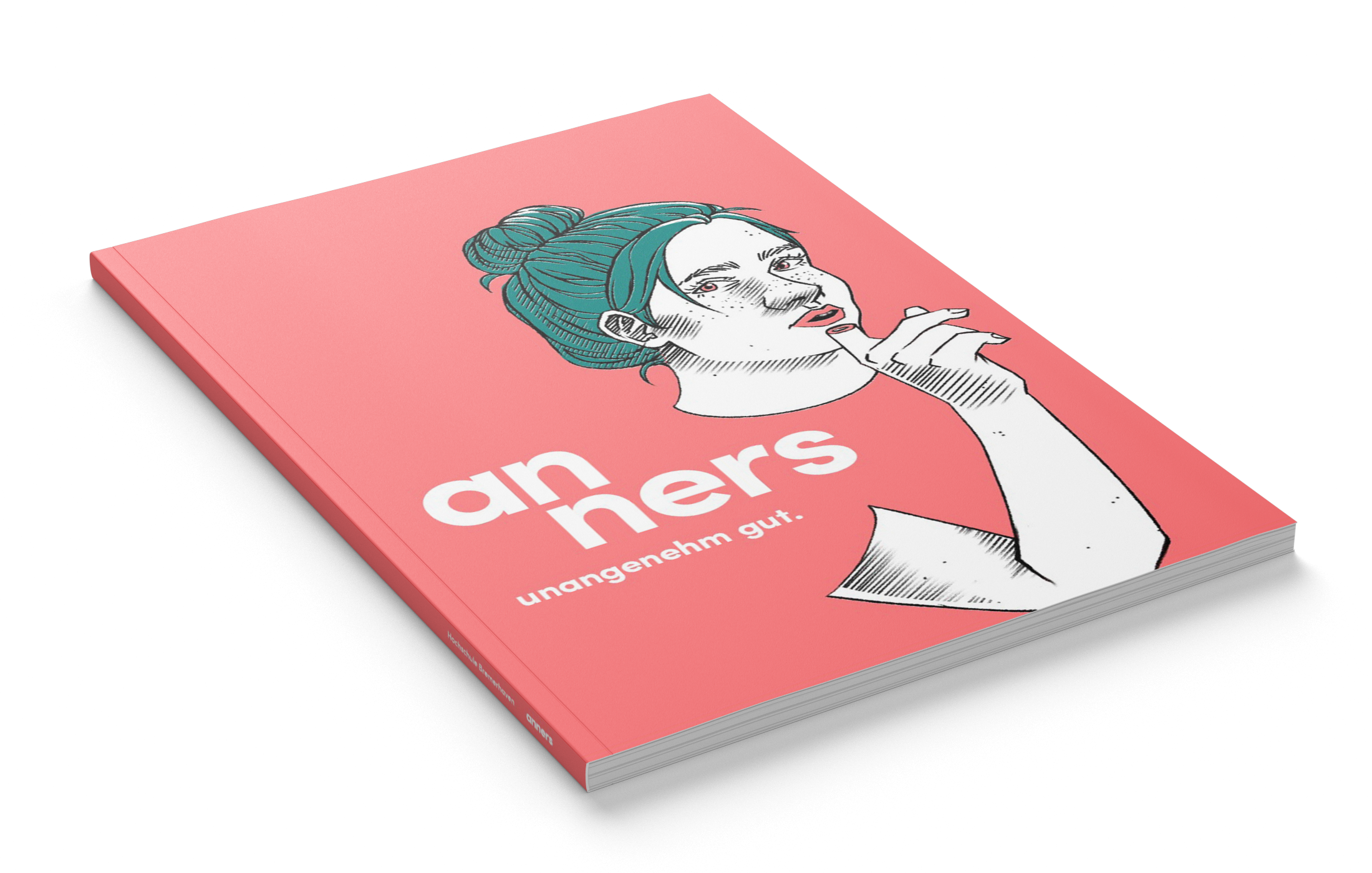 Bright red-orange colored magazine 'anners - unangenehm gut' with an illustrated woman with petrol colored hair on the cover page who's trying to shush someone by putting her index finger infront of her mouth