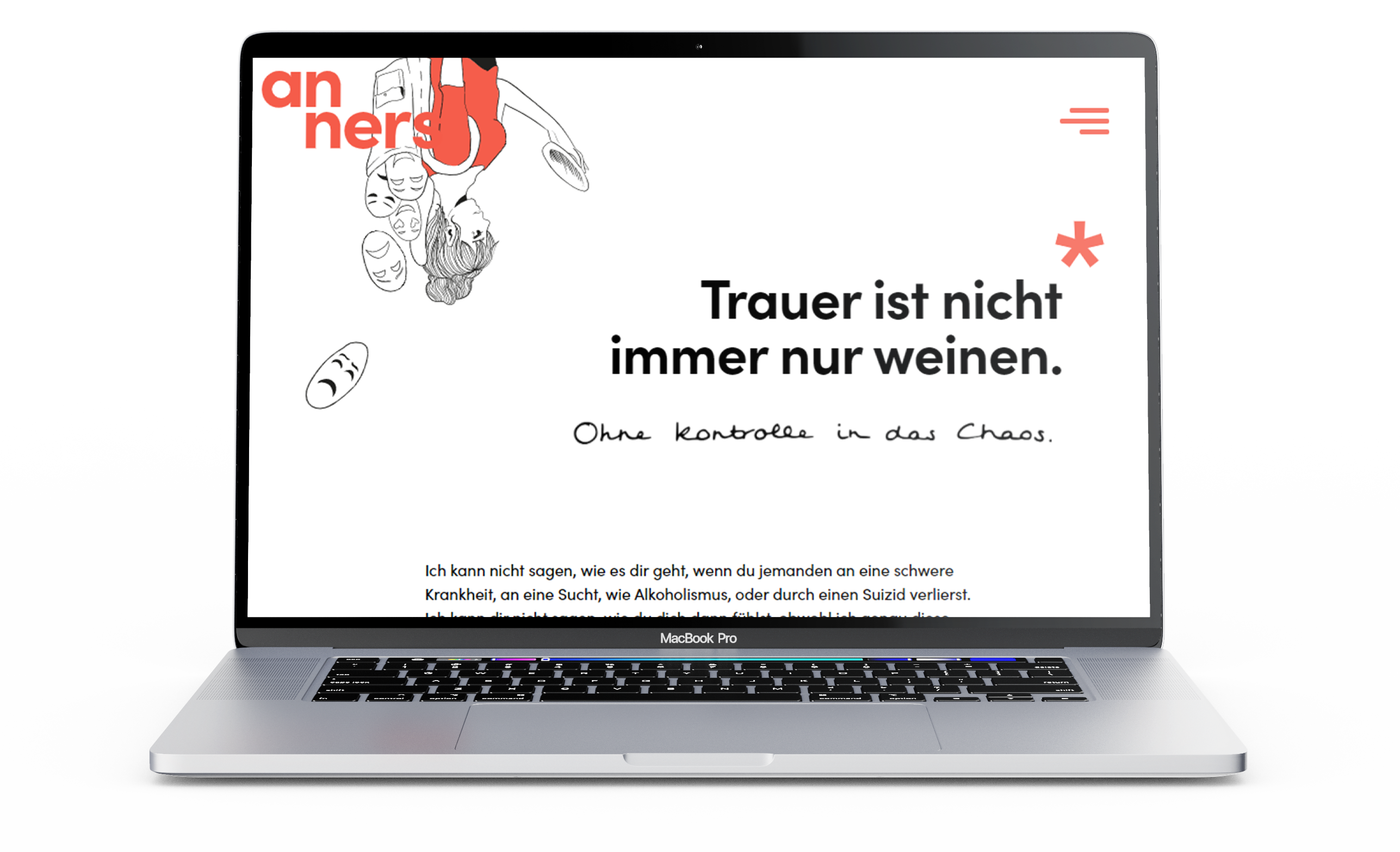 Mac Book screen with magazine 'anners' website showing an article called 'Trauer ist nicht immer nur weinen*'