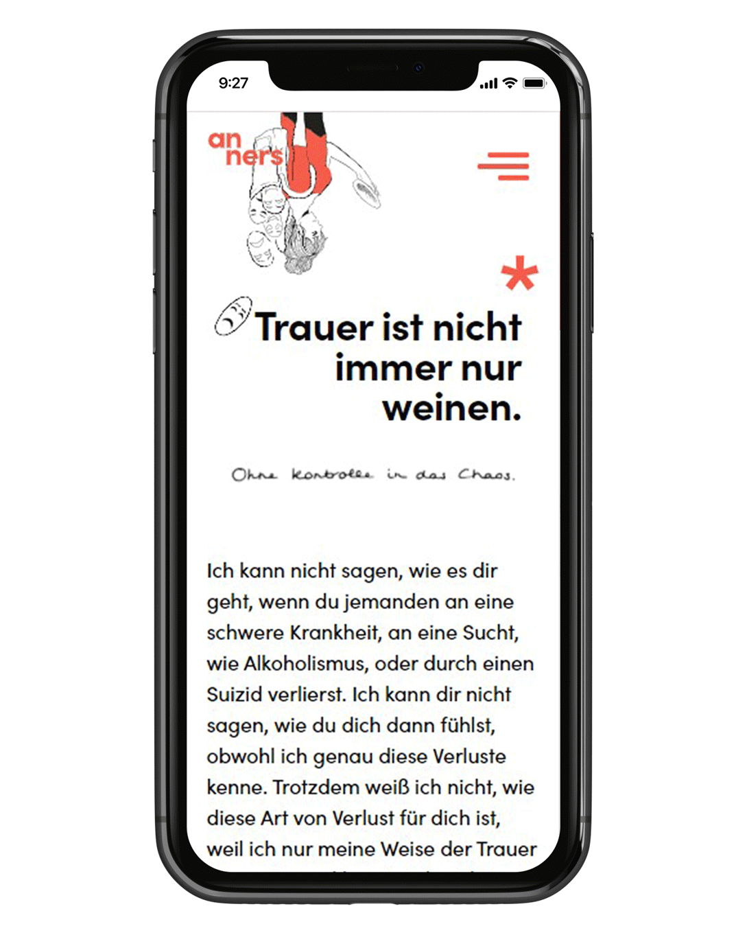 Phone showing the article 'Trauer ist nicht immer nur weinen.*'