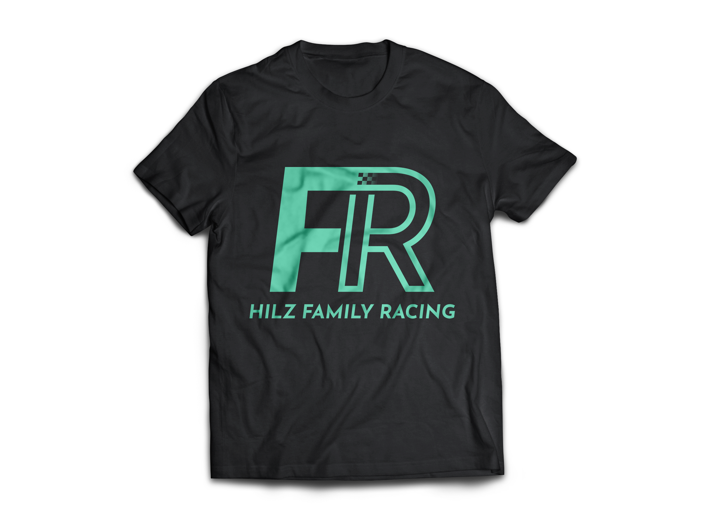 Mockup of a black T-shirt with the Logo design: Letter combination of HFR and the wordmark 'Hilz Family Racing'