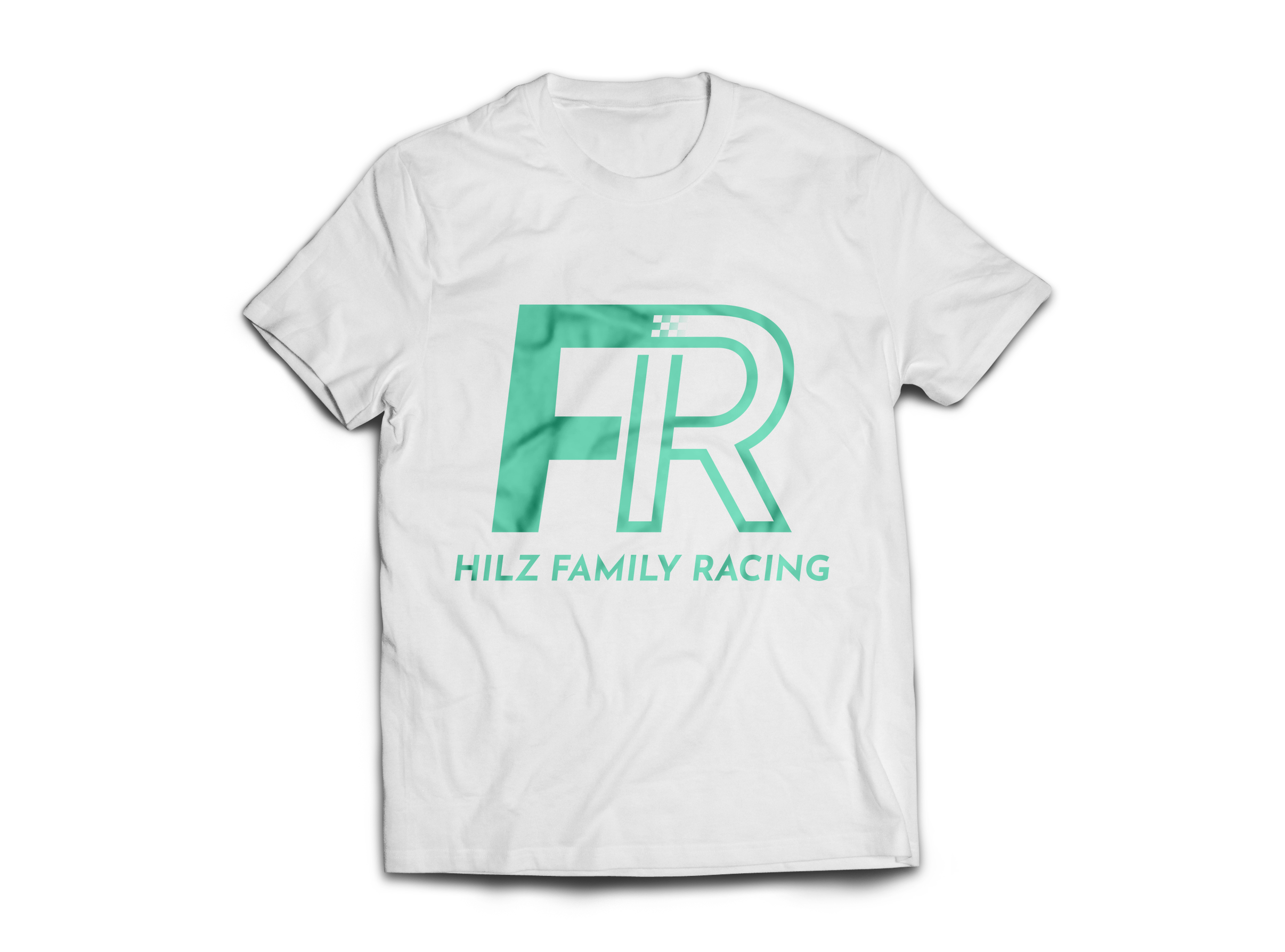 Mockup of a white T-shirt with the Logo design: Letter combination of HFR and the wordmark 'Hilz Family Racing'