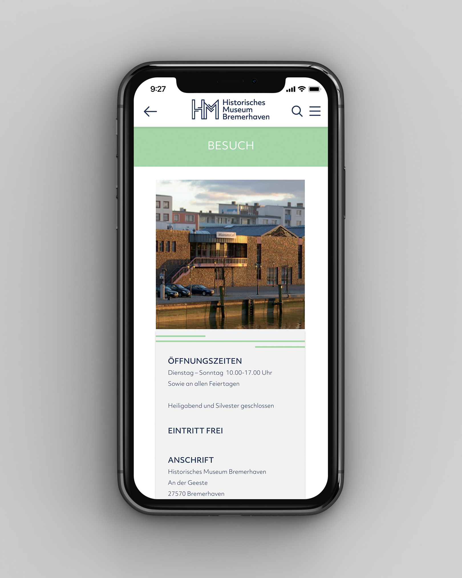 Smartphone showing the new designed website of the 'Historische Museum Bremerhaven' - visit page