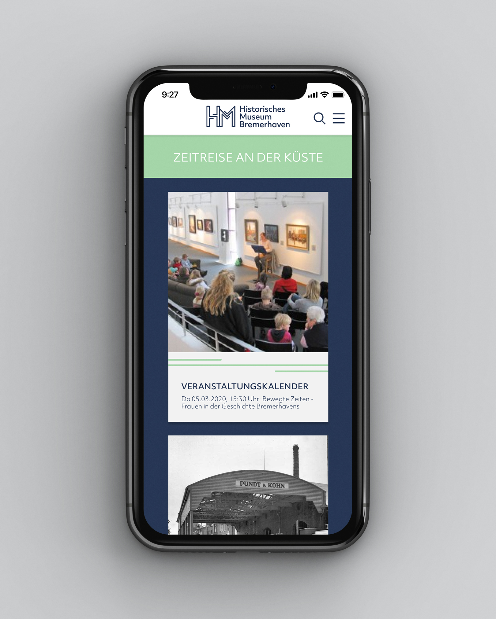 Smartphone showing the new designed website of the 'Historische Museum Bremerhaven' - start page