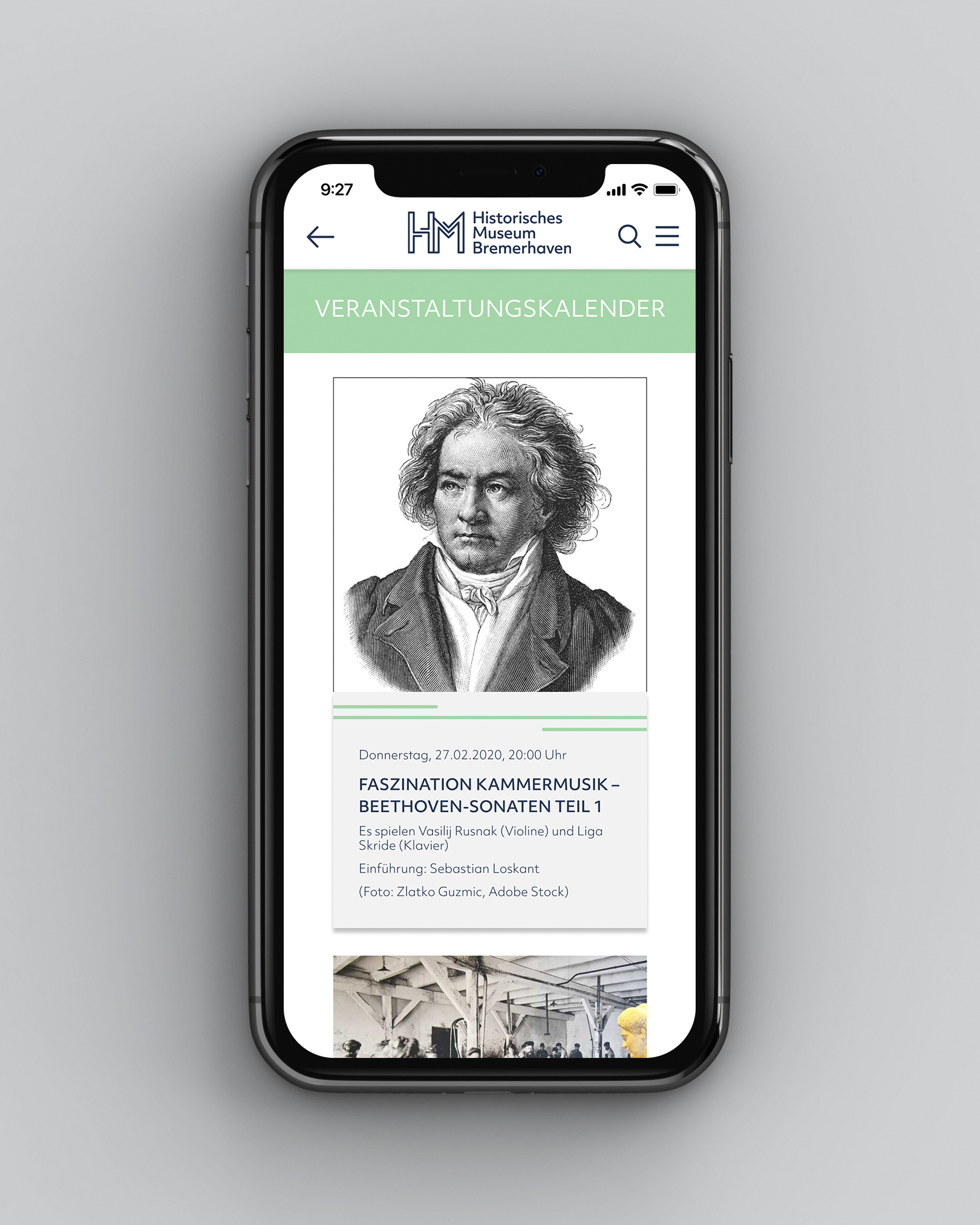 Smartphone showing the new designed website of the 'Historische Museum Bremerhaven' - events page