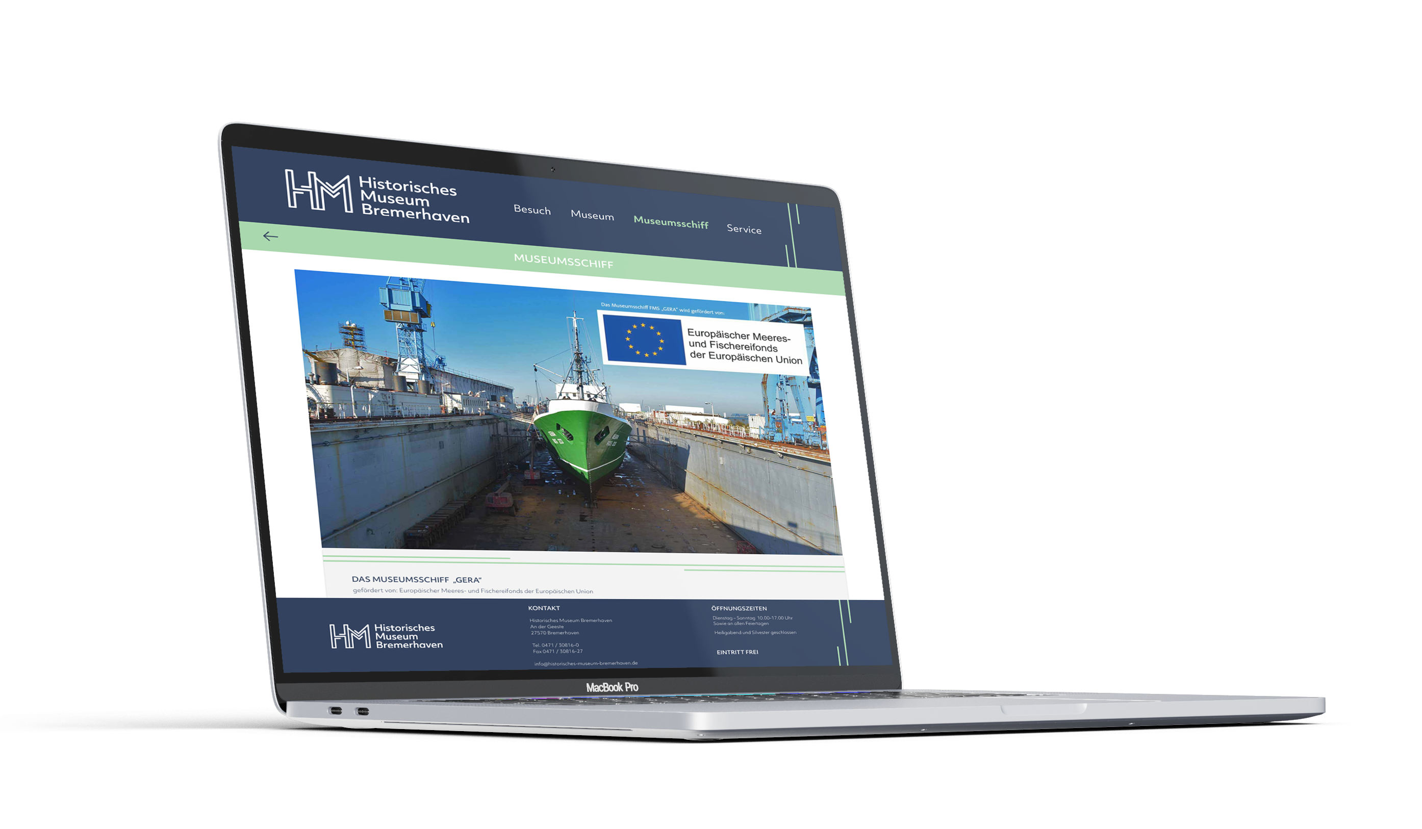 MacBook Pro sideview showing the new designed website of the 'Historische Museum Bremerhaven'