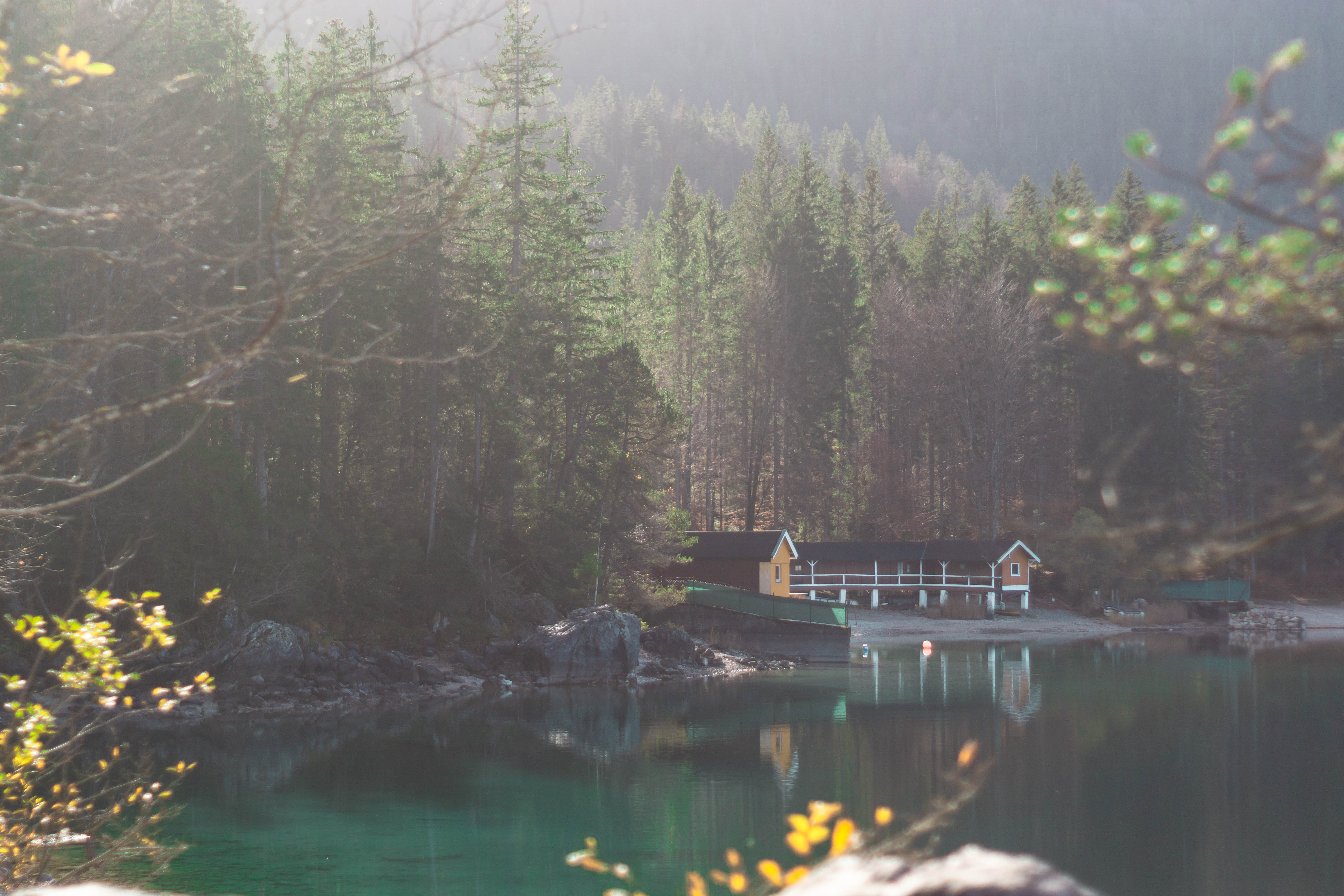 Idyllic Photo of a Lake house between high conifers. The sun shines warm yellow through the trees onto the lake house and the turquoise-green-blue water.