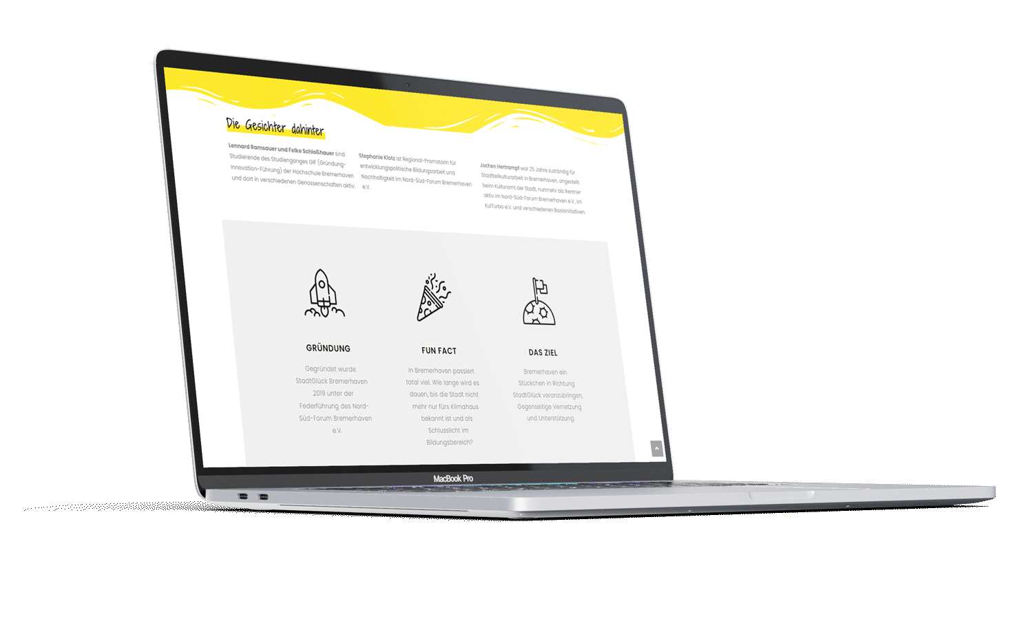 Laptop showing the screen of the about-page with little icons and yellow accents