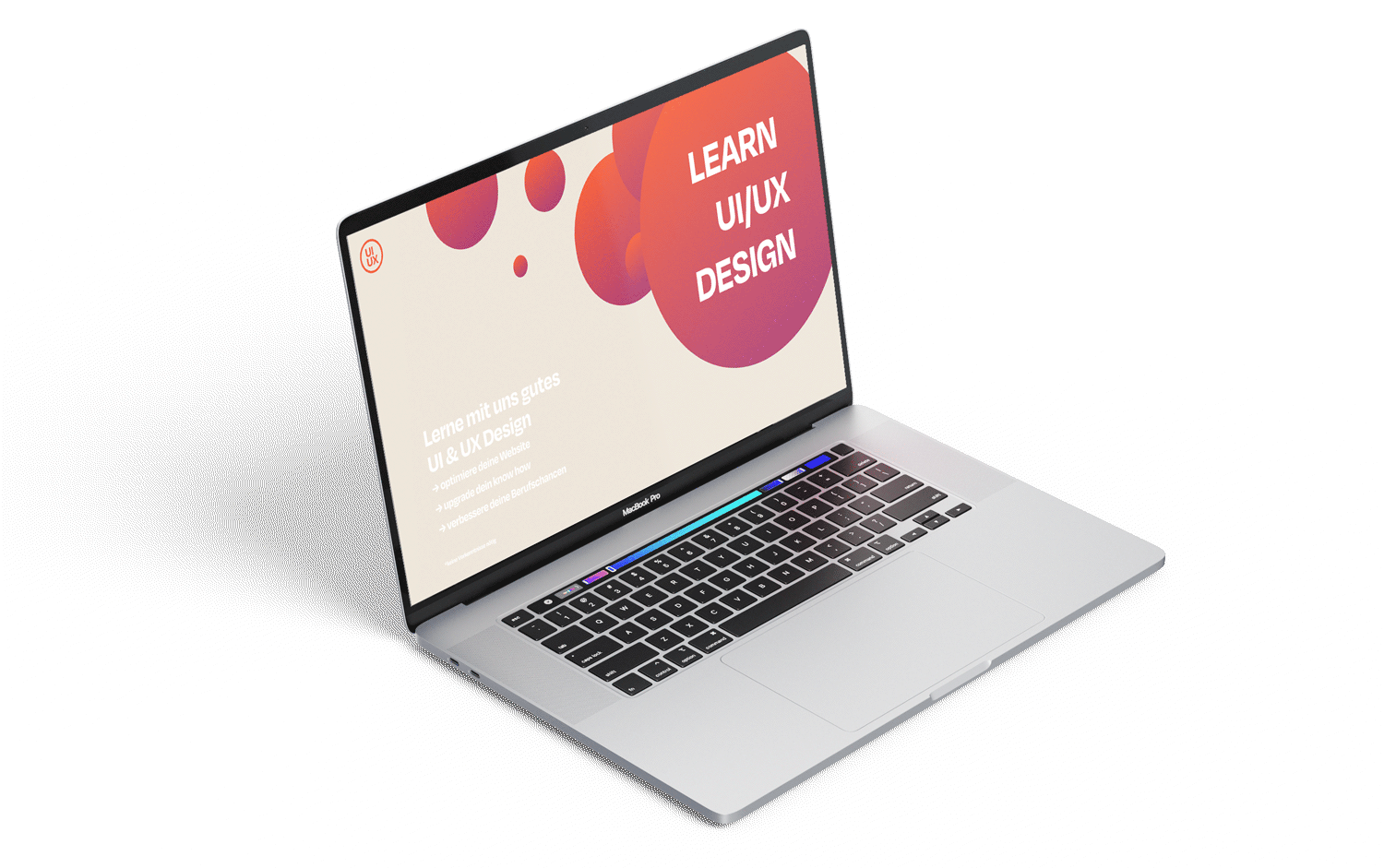 Mac Book screen with colorful website 'LEARN UI/UX DESIGN'