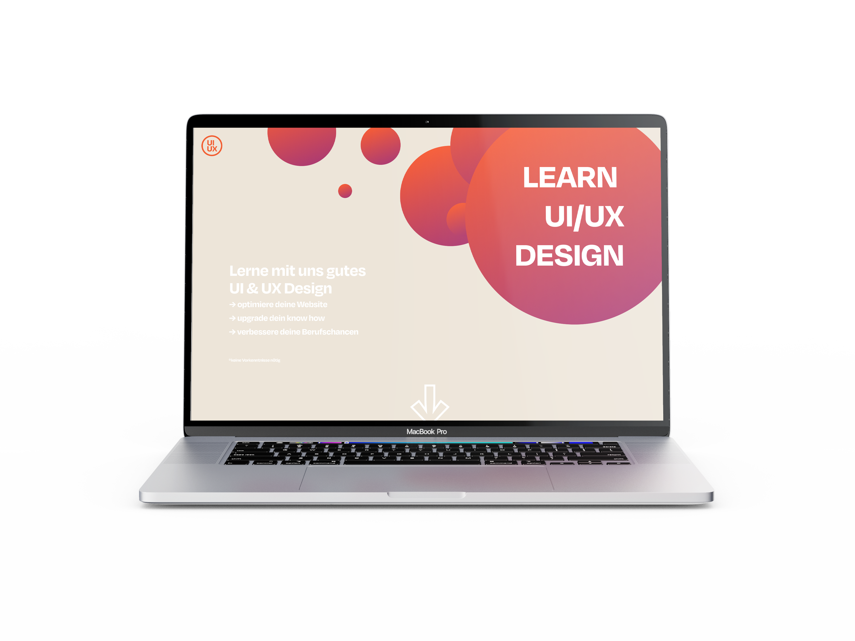 Mac Book screen with colorful website 'LEARN UI/UX DESIGN'