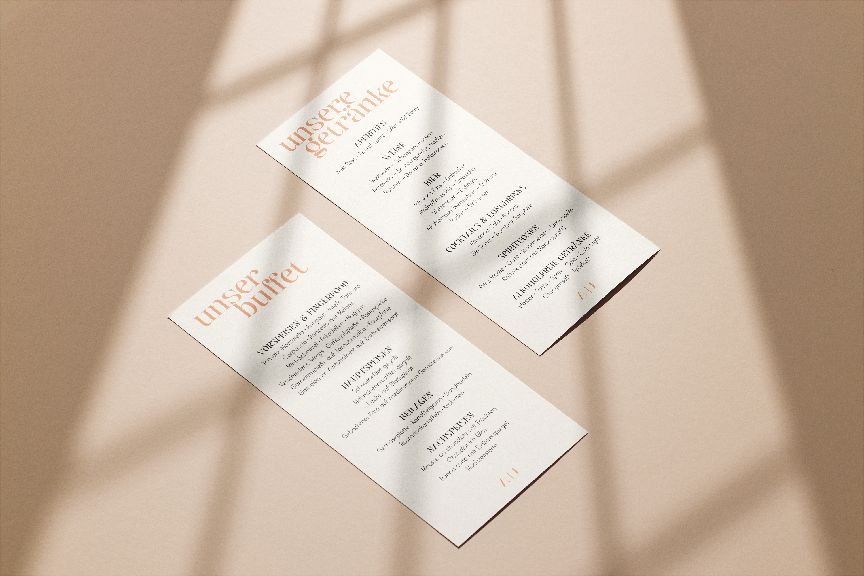mockup of the weddign menu cards, soft light on a beige/apricot background are two menu cards